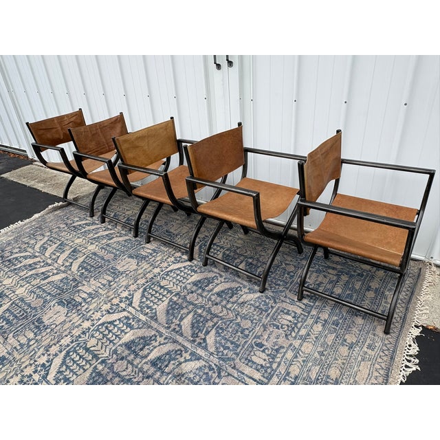 Restoration Hardware 1970s French Director's Dining Chairs | Set of 5 | Chestnut Leather For Sale - Image 12 of 17