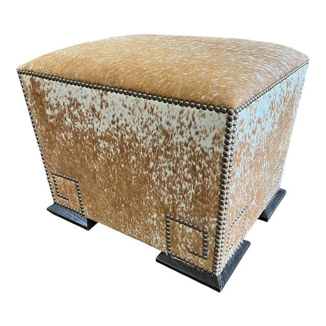 Holly Leather Speckled Upholstered Greek Key Ottoman From the Madeline Stuart Collection For Sale