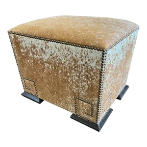 Holly Leather Speckled Upholstered Greek Key Ottoman From the Madeline Stuart Collection