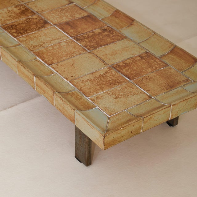 Metal French ‘Cuvette’ Brown + Sage Ceramic Coffee Table by Roger Capron, 1960s For Sale - Image 7 of 11