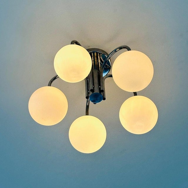 Chrome-Plated Atomic Sputnik Chandelier with White Glass Balls, 1970s For Sale - Image 9 of 11