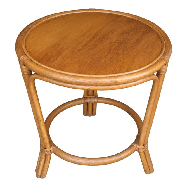Late 20th Century Bamboo and Rattan Round Side Table With Inset Wood Top For Sale