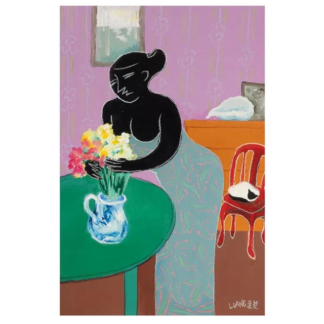 LIANG YIFENG (Taiwanese, born 1937), Figure in Blue, oil and oil pastel on canvas panel, Hand signed lower right....