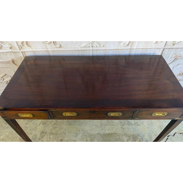 Early 20th Century Antique English Campaign Console Desk - 3 Drawer Military Writing Table For Sale - Image 5 of 16