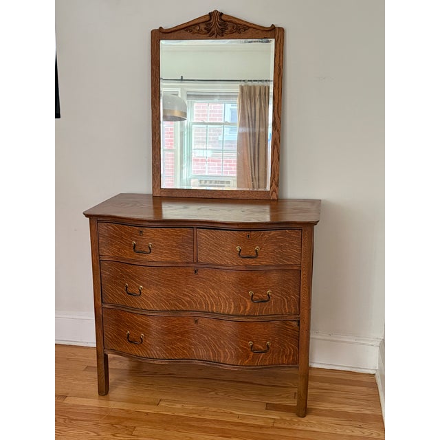 American Antique Tiger Oak Serpentine Chest of Drawers With Mirror For Sale - Image 3 of 11