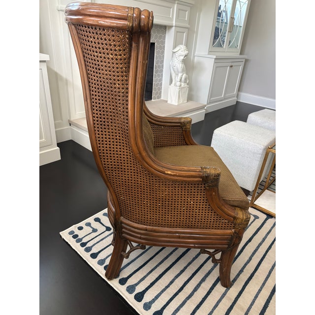 Coastal Lane Venture Carved Faux Bamboo Handwoven Caning Wingback Chair Usa For Sale - Image 3 of 11