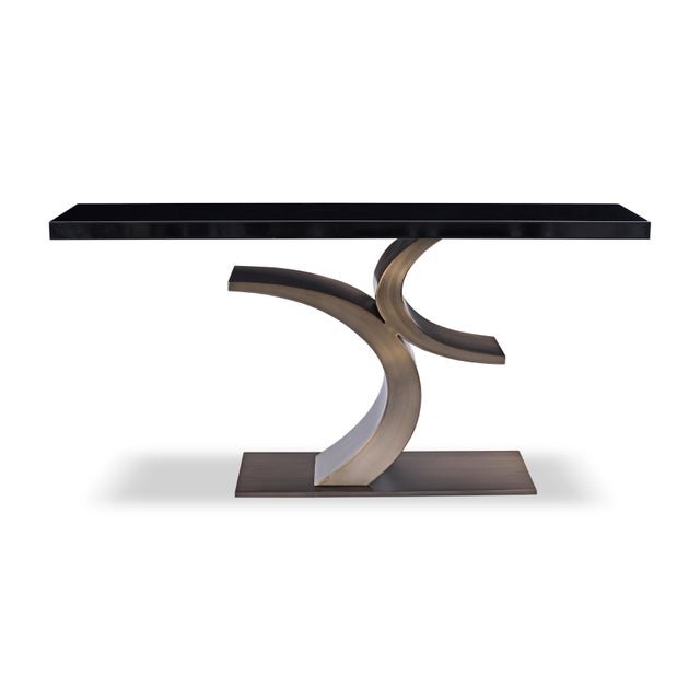 Modern Bronze and black Lacquer console table designed by Greg Sheres. This is our “Cosmopolitan” console table. The base...