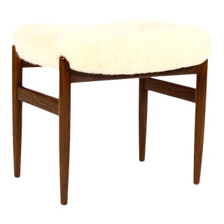 Danish Modern / Mid Century Mahogany Ottoman — Deep Pile Wool Shearling Upholstery For Sale