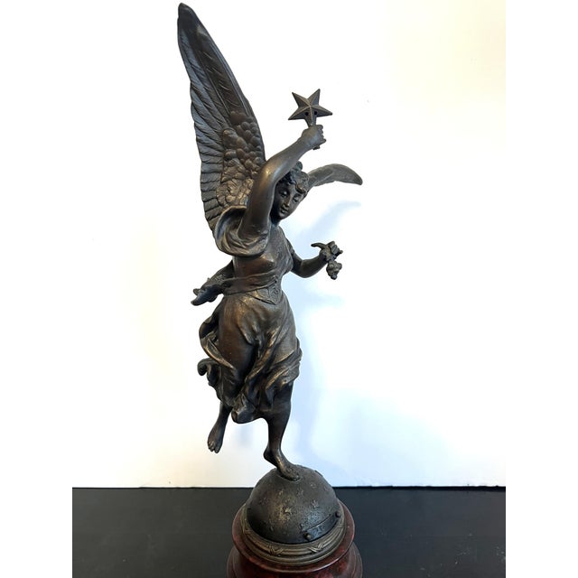 French Early 20th Century Bronze Statue "Stelle" Winged Woman Angel Standing on Stared Globe Signed Par Rousseau For Sale - Image 3 of 12