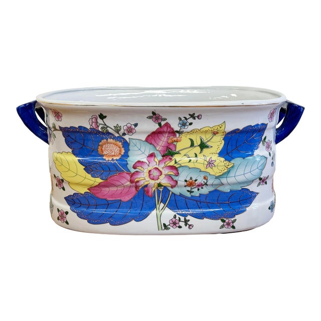Large Porcelain Tobacco Leaf Motif Foot Bath or Planter For Sale
