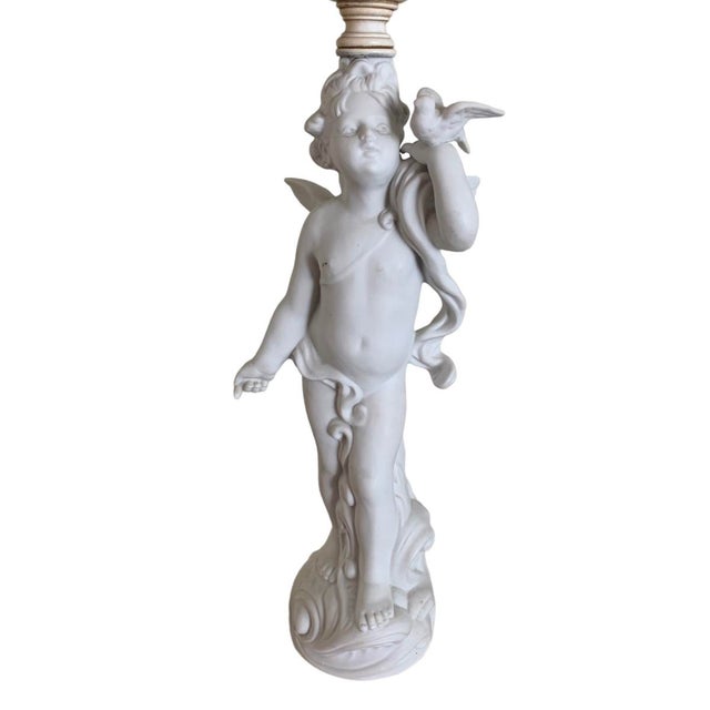 Figurative Late 19th Century Neoclassical Biscuit Porcelain Cherub Lamp Ruffled Milk Glass Shade For Sale - Image 3 of 15