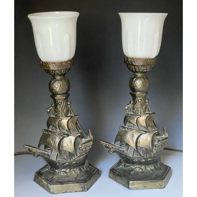 Brass Pair of Antique Art Deco 1921 Cast Nautical Accent Table Lamps W/ Ship & Globe For Sale - Image 8 of 17