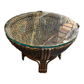 1970s Bamboo Drum Glass Top Coffee Table For Sale