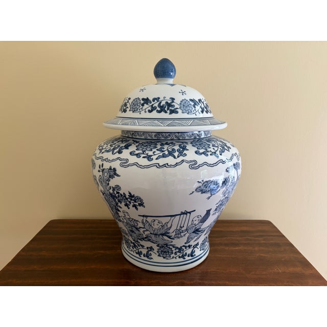 Ceramic Chinoiserie Large Blue and White Porcelain Covered Jar For Sale - Image 7 of 10