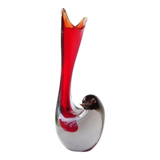 Vintage Cenedese Murano Antonio Da Ros Gino 1961 Sommerso Red Gray Italian Art Glass Bird Sculptural Vase For Sale