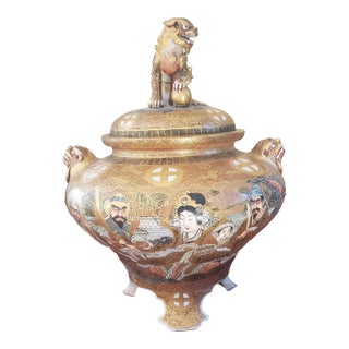 Japanese Satsuma Censer Late 19th Century With Gilt Foo Dog Finial For Sale