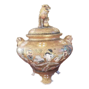 Japanese Satsuma Censer Late 19th Century With Gilt Foo Dog Finial