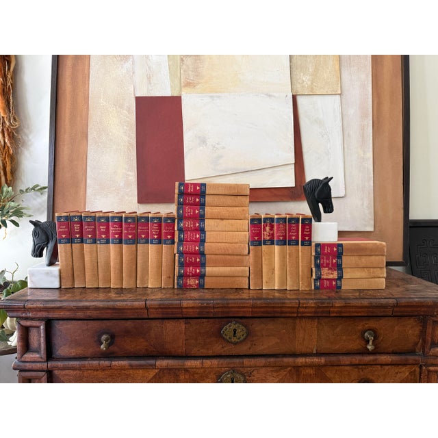 Mid-Century Modern Mid-Century Set of 27 (Twenty Seven) Zane Grey Books Vintage Western Collection Tan Cloth Binding Red Blue Spine For Sale - Image 3 of 12