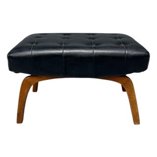 Danish Modern, Black Leatherette, Stained Wood, Footstool, Denmark, 1950s For Sale