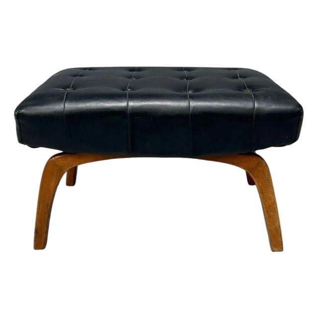Danish Modern, Black Leatherette, Stained Wood, Footstool, Denmark, 1950s For Sale