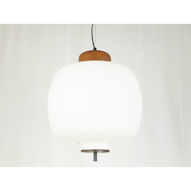 Mid-Century Modern Opaline Glass, Brass and Teak Pendant Lamp in the style of Arredoluce, 1950s For Sale - Image 3 of 10