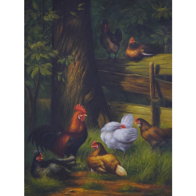 Traditional Chickens in the Field Artist Signed Oil Painting on Canvas For Sale - Image 3 of 12