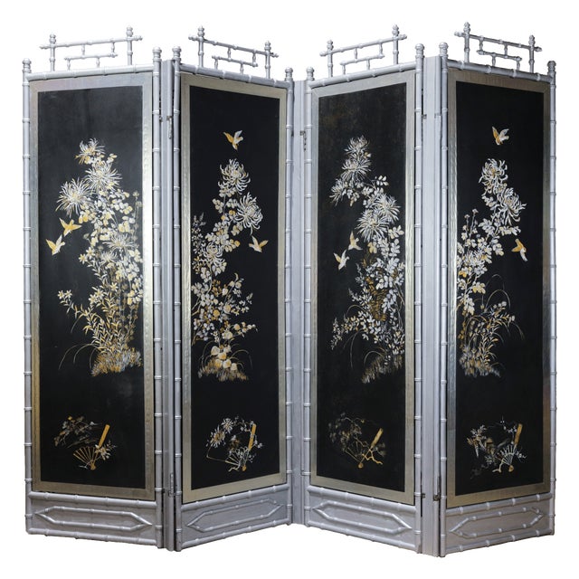 Vintage Chinoiserie Four-Panel Folding Screen – Hand-Painted Floral Motif With Silver Faux Bamboo Frame For Sale - Image 14 of 15