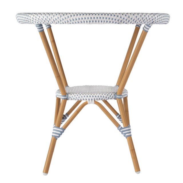 2020s Tobias 30 in. W Outdoor Round Rattan and Metal Bistro Table, Blue/White Dot / Natural Rattan Frame For Sale - Image 5 of 9