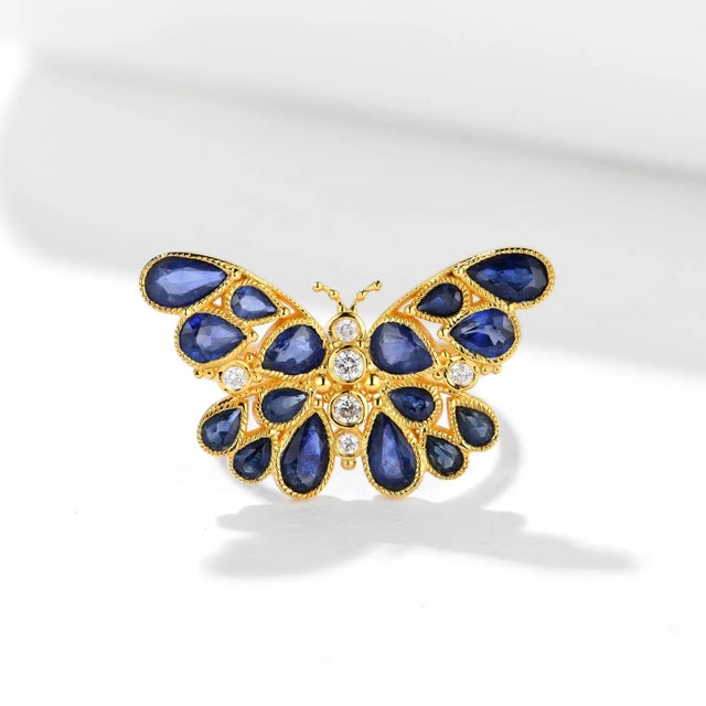 Nina Zhou Butterfly Sapphire Diamond Cocktail Ring in 14k Yellow Gold, size 6.5 For Sale - Image 9 of 11