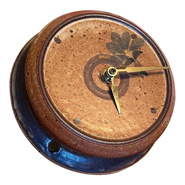 1970s Vintage Stoneware Wall Clock With Floral Detail For Sale
