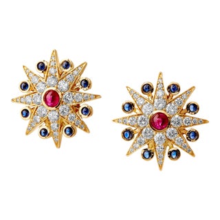 Syna Cosmic Earrings with Rubies, Blue Sapphires and Diamonds, a Pair For Sale