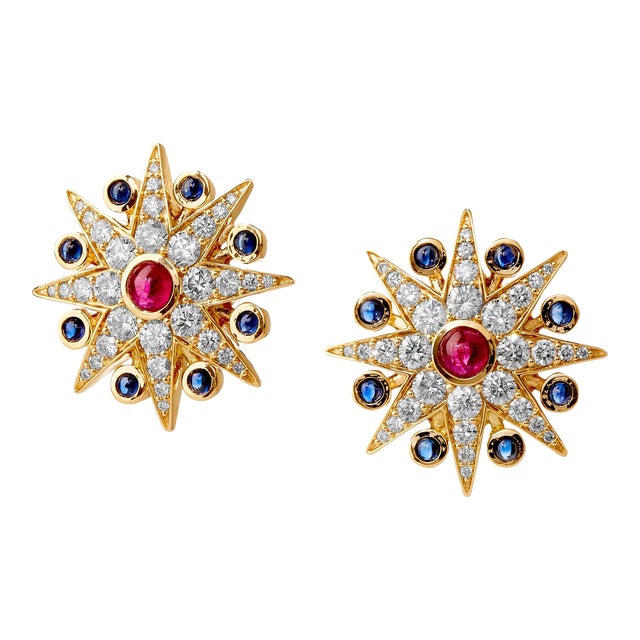 Syna Cosmic Earrings with Rubies, Blue Sapphires and Diamonds, a Pair For Sale