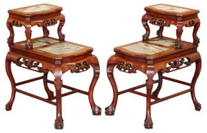 Chinese Hand-Carved Hardwood & Marble Side Tables with Claw and Ball Feet, Set of 2
