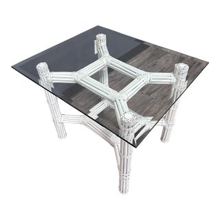 Vintage White Faux Bamboo Rattan Glass-Top Table For Sale