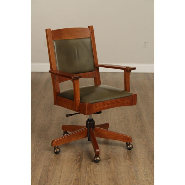 High Quality American Made Solid Oak Frame Swivel Executive Desk Armchair With Leather Upholstery