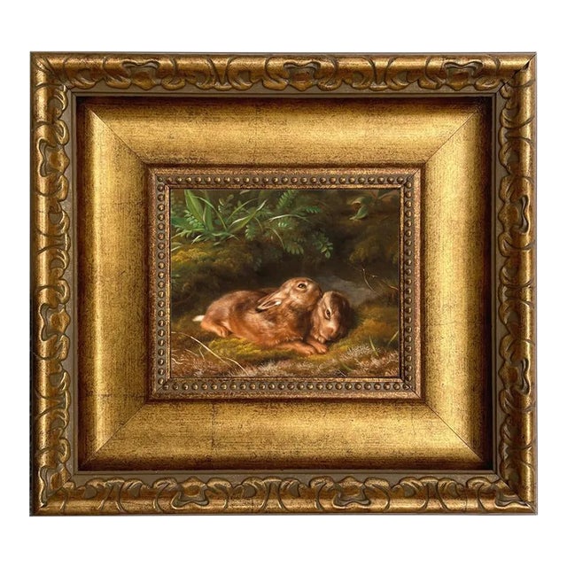 Two Rabbits 5x6" Print on Canvas in Wide Antiqued Gold Frame For Sale