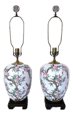 Mid 20th Century Chinese Pomegranate Ginger Jar Table Lamps Chinoiserie Asian - a Pair