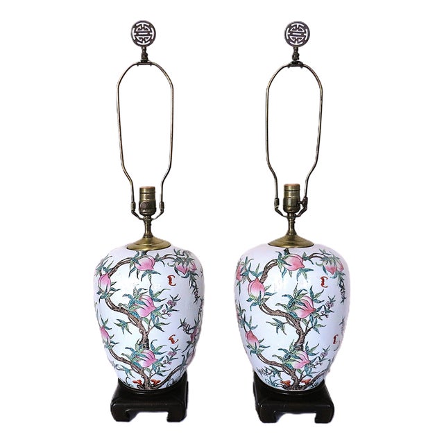 Pair of Chinese Pomegranate Ginger Jar Table Lamps Chinoiserie Asian For Sale