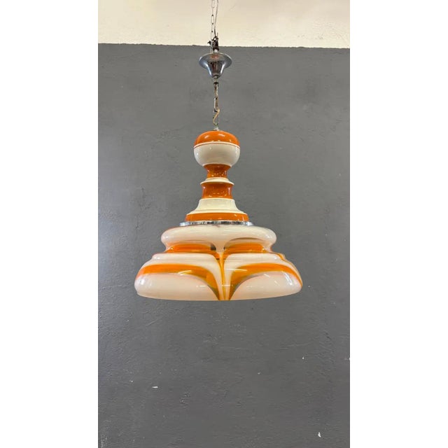 Italian Art Glass Pendant Lamp in Orange and White, 1970s For Sale - Image 4 of 9