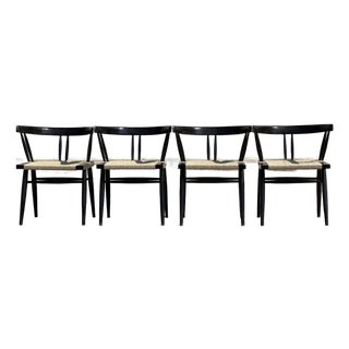 Set of Four Attributed George Nakashima Designed Lacquered Grass Seated Chairs 1960s National Institute of Design India For Sale