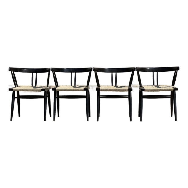 Set of Four Attributed George Nakashima Designed Lacquered Grass Seated Chairs 1960s National Institute of Design India For Sale