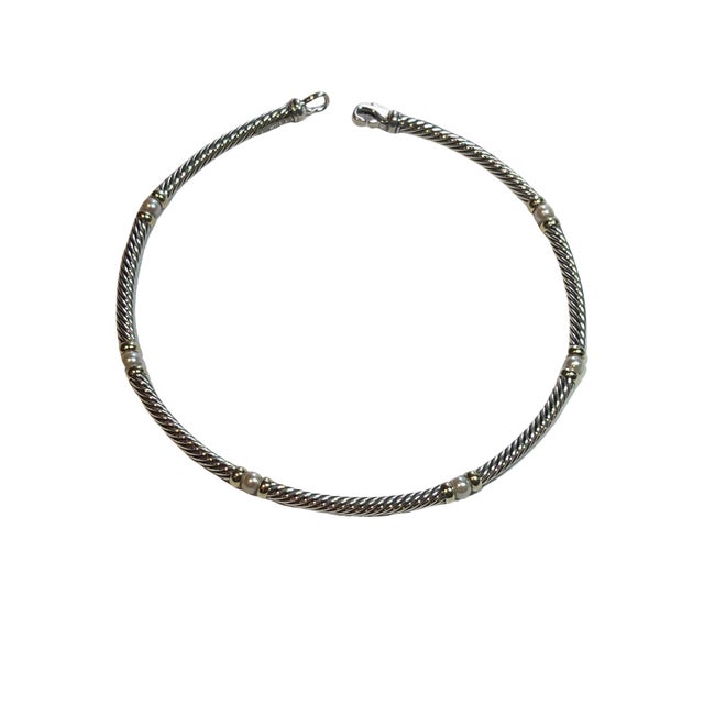 1990s David Yurman Authentic Estate Pearl Necklace 17" + Bracelet Set 7.5" Silver + 14k Gold, 2 Pieces For Sale In New York - Image 6 of 16