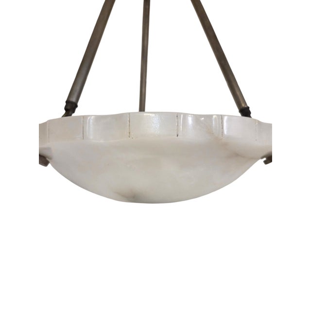 Metal 1930s French Art Deco Alabaster Pendant Light, White W/ Charcoal Grey Veining For Sale - Image 7 of 17