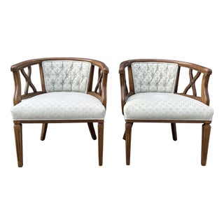 Pair of Mid-Century Modern Fruitwood Barrel Back Lounge Chairs For Sale