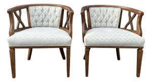 Pair of Mid-Century Modern Fruitwood Barrel Back Lounge Chairs