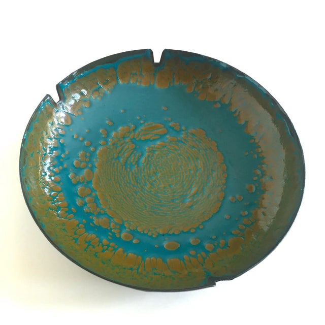Metal Vintage Mid Century Modernist Hanova of Pasadena Abstract Expressionist Teal & Olive Artisan Enamel Ashtray Bowl For Sale - Image 7 of 13