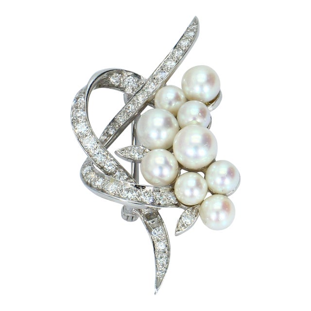 Mid 20th Century Pearl Cluster Brooch With Diamond-Encrusted Curved Bands For Sale