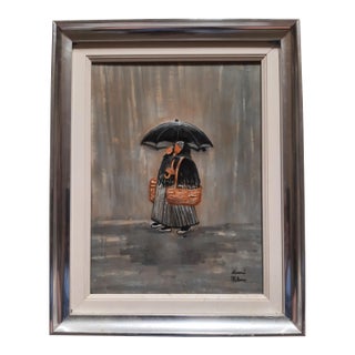 Mixed Media Painting Woman of Spain in the Rain For Sale