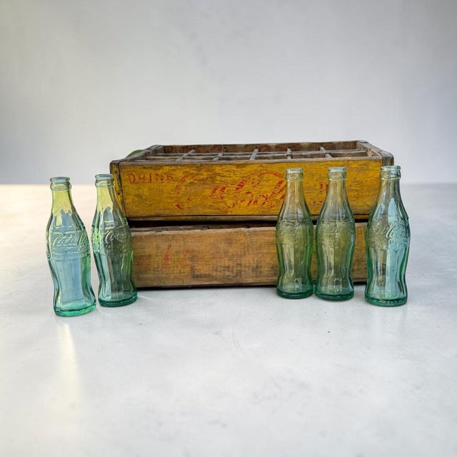 Mid-Century Modern 1960’s Vintage Yellow Coca-Cola Wooden Delivery Crates & Wailuku, Maui Hawaii Bottle Trio For Sale - Image 3 of 16