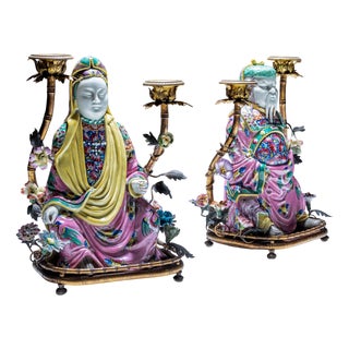 Famille Rose Style Candelabras with Chinoiserie Figures, 1900s, Set of 2 For Sale